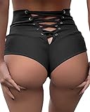 BZB Women's High Waisted Lace Up Yoga Shorts Cross Pole Twerk Dance Hot Panties Running Leggings Black