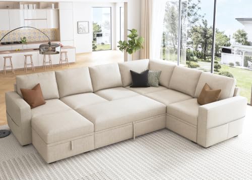 Image of HONBAY Modular Sectional Sleeper Sofa with Pull Out Bed, U Shaped Sectional Couch with Storage Ottoman, Sleeper Sectional Couches for Living Room, Beige