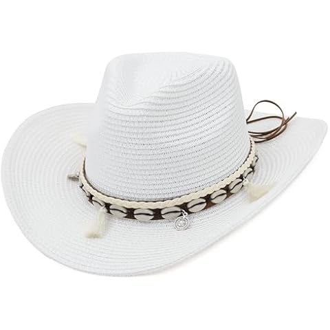EOZY Women Men’s Cowboy Hat Western Summer Straw Hat for Girls with Wide Brim & Shell Tassels Trendy Lady Beach Sun Hats White Cover