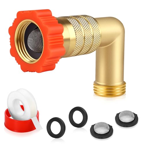 RV Water Pressure Regulator with 90 Degree Hose Saver, 50â€“55 PSI Lead-Free Brass Water Pressure Reducer, 3/4 GHT Inline Garden Hose Regulator for Camper, Trailer, RV Plumbing System