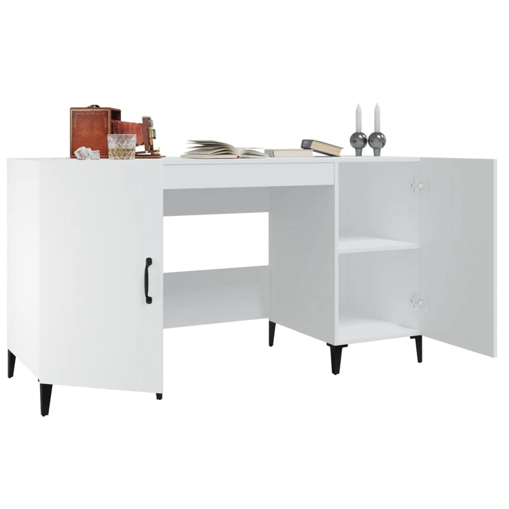Scrivania Bianca in Legno Multistrato 140x50x75 cm con 2 Scomparti e Struttura in Metallo per Ufficio Studio Casa Smartworking e Postazione PC Gaming Salvaspazio