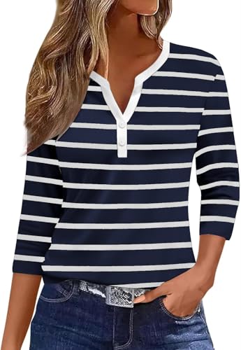 Yutila T-shirt de mulher Henley com riscas, manga curta ou 3/4 disponíveis, top de algodão elegante com decote em V, blusa da moda, macia e respirável, Azul escuro e branco., Pequeno