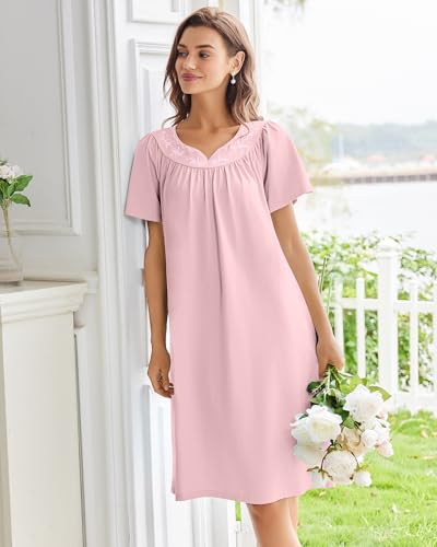 Image of Ekouaer Moo Moos for Women House Dress With Pockets Cotton Nightgowns Short Sleeve Night gowns Embroidered Mumu Dress