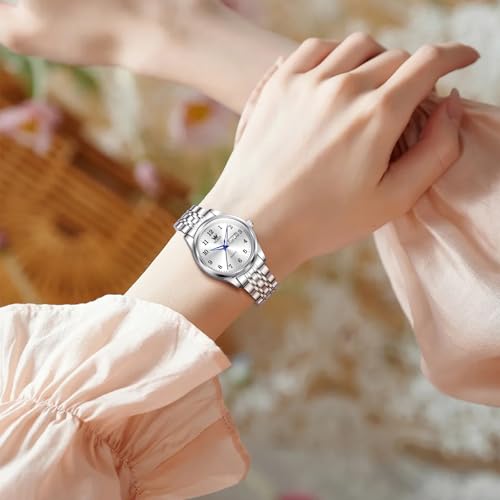 OLEVS Silver Stainless Steel Womens Watch, Classic Roman Numerals Day Date Watches for Women, Luxury Diamond Analog Quartz Ladies Watch - Image 4