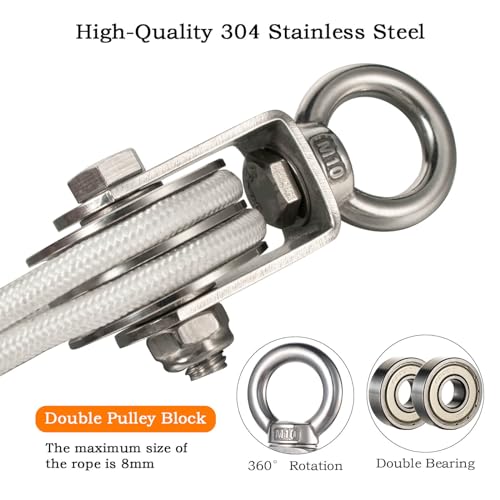 Hoist Pulley System Heavy Duty Stainless Steel, Snatch Swivel Block Double Pulley with 25m/8mm Rope, Bearing Inside, for Lifting, Kayak, Garage, Winch, Hunting, Loading 1100lb - Thumbnail 4