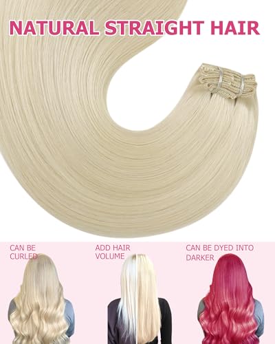 Image of YoungSee Clip in Human Hair Extensions Blonde, 18 Inch Human Hair Clip in Extensions, 120g 7pcs Platinum Blonde Straight Hair, Invisible Clip on Hair Extension for Women