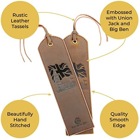 Leather Bookmark Handmade with Union Jack Flag Big Ben Design - Pack of 2 Genuine Leather Book Marks - Perfect Bookmarks for Men Women and Kids | Great Idea for Leather Patriotic Gifts for Bookworms