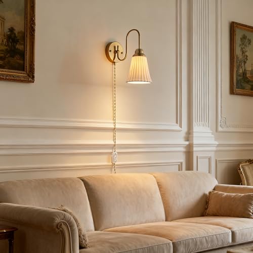 Image of Fetason Plug in Wall Sconces Set of 2, Modern Ceramic Gold Wall Sconce Light with Switch, Vintgae Bedside Wall Lamp Light Fixtures for Living Room Bedroom Kitchen Home Office Hallway