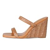EQAUDES Womens Wedge Sandals Espadrilles Brown Heels - Minimalist, Slides, Square Toe, Two Strap, Beach Shoes, Vacation