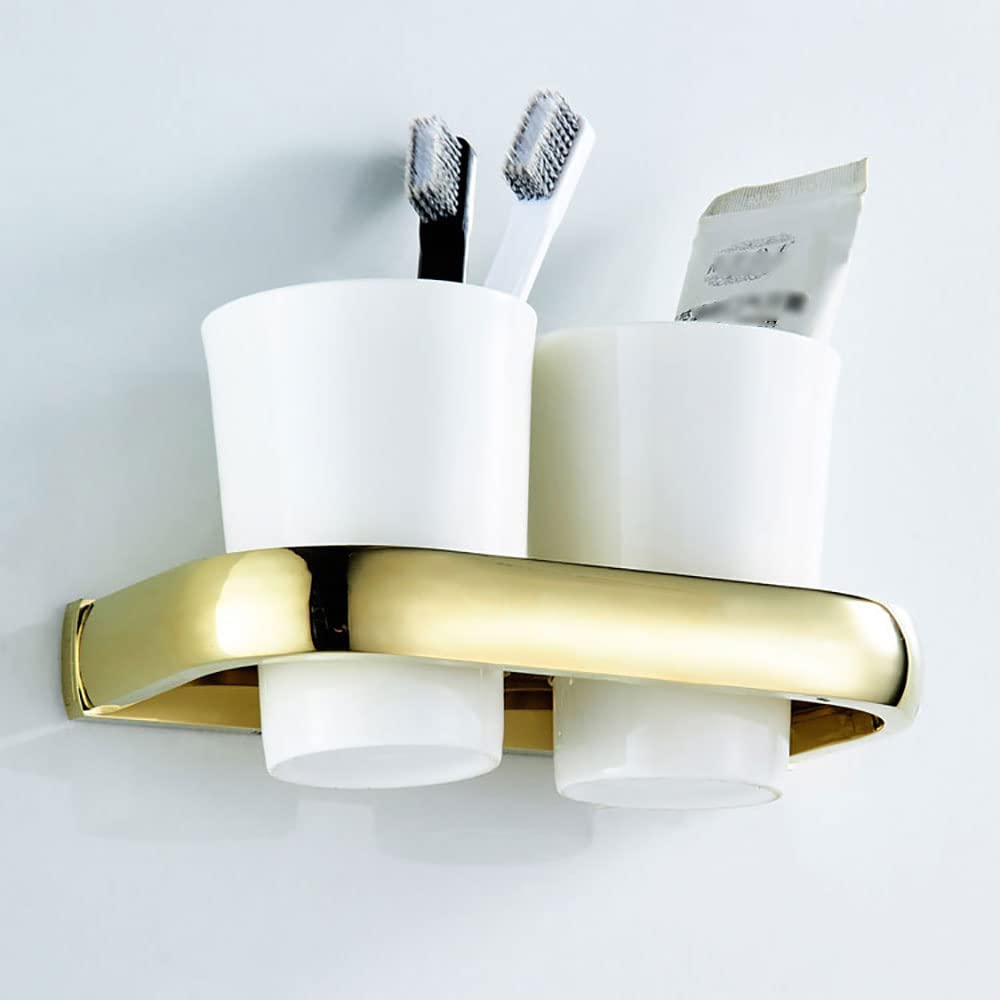 Zahnbürstenhalter, Goldener Doppel-Zahnbürstenhalter for Badezimmer, wandmontierter Keramik-Becherhalter mit mattiertem Keramikbecher, Zahnpasta-Rasierer-Organizer, Badezimmer-Aufbewahrung, Messing