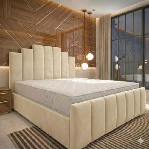 Image of Mayfair Crown Plush Velvet Ottoman Bed Frame with Art Deco Headboard | Luxury Upholstered Storage Bed (Grey Plush, 4ft Small Double Without Storage)