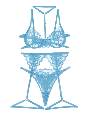 Image of Lilosy Sexy Choker Floral Lace Scallop Sheer Underwire Push Up Garter Belt Lingerie Set 3 Piece