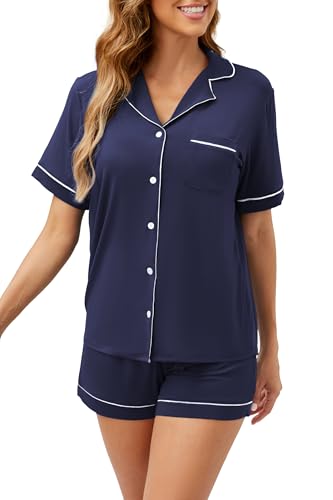 Image of LUBOT Womens Bamboo Viscose Pajamas for Women PJ Set 2 Piece Cooling Soft Short Sleeve Capri Pants Summer Sleepwear Set S-XXL