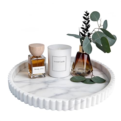 Silicone Bathroom Tray Round Marble Pattern Silicone, 23cm Wave Edge Decorative Tray for Coffee Table, Aroma Diffuser Holder Vanity Organizer for Living Room Bedroom Kitchen, Modern Home Decor