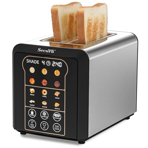 Secura Brands 2 Slice Automatic Toaster, Touch Screen Smart Toaster with Digital Timer, 6 Bread Types, 6 Browning Levels, Reheat/Defrost, +10s Extend, Custom Memory Settings for Home, RV, Office