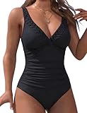 Hilor One Piece Swimsuit Women 2025 Tummy Control One Piece Bathing Suits Modest V Neck Swimsuits Modest Swimwear Black 10