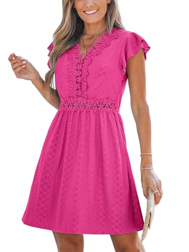 Image of CUPSHE Women's Boho V Neck Lace Dress Casual Eyelet Summer Mini Sundress Ruffle Cap Sleeve A-Line Beach Vacation Dress 2026