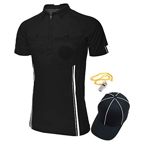 TopTie USSF Pro Camiseta de árbitro de fútbol para hombre, manga corta, sombrero y silbato de entrenador de metal para fútbol, color negro y XL
