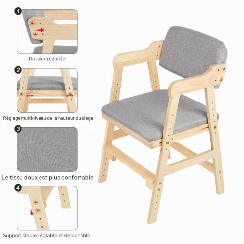 Supfine Chaise Haute en Bois, 6 Hauteurs Réglables Stable Chaise Supporte 90KG pour Bébés, Enfants et Adultes, Chaise Haute Evolutive, Assise et Repose-pieds Réglables (Gris) – vue 5