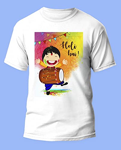 Image of Knitted Polycotton Fabric Regular Fit Men Boys Half Sleeve T-Shirt for Festival of Holi Style 14 White Size : Free