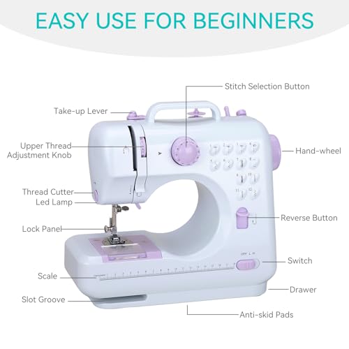 Mini Sewing Machine for Beginners, Portable Electric Sewing Machine with Dual Speed, 12 Built-in Stitches, Foot Pedal, and Accessories Kit for Home DIY Projects & Gift