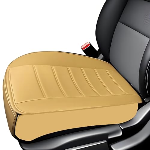 Car Seat Cushion, 1PC Edge Wrapping Car Interior PU Leather Car Seat Cushions Protector Front Car Seat Covers, Single Seat Cushion Cover Pad Mat for Auto Four-door sedan & SUV Driver Seat(Beige)