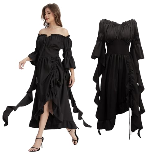 JDFAIJEAL Vestido gótico vintage negro con hombros descubiertos para mujer, vestido midi victoriano con mangas con volantes, dobladillo irregular, elegante (negro, M)