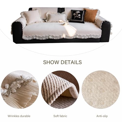 Housse de canapé sectionnel en chenille beige brodée 90x280cm pour salon - 3