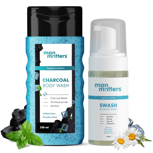 Image of Man Matters Intimate Wash 120ml & Charcoal Body Wash for Men with 5% Niacinamide 250 ml | Anti Bacterial, Anti Itch, Anti Odour | Paraben Free, & Cruelty Free