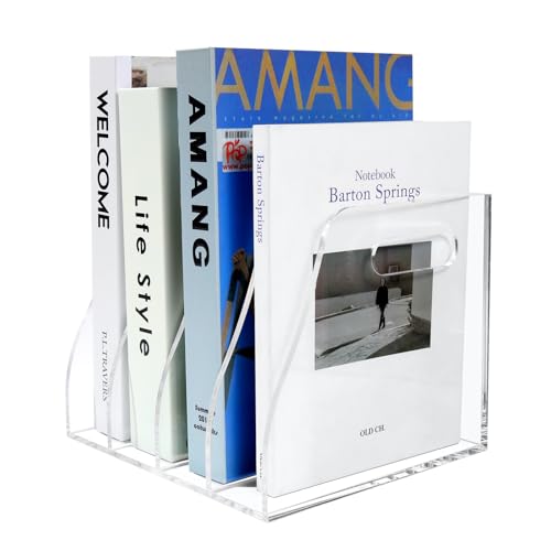 Gucoqe Acrylic Magazine File Holder with Carrying Handle 4 Vertical Compartments Desk File Organizer Clear File Sorter for Office Magazines Books B5 Size