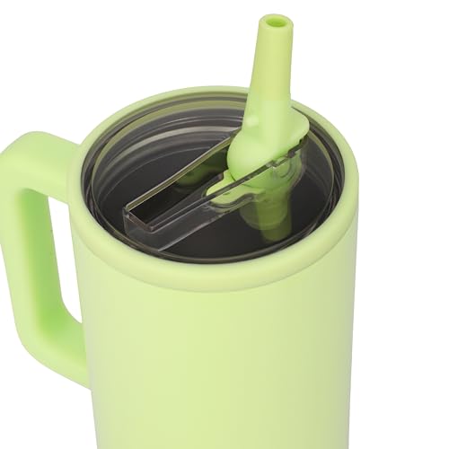 Image of House of Quirk 1200ML Tumbler with Handle & Simple Flip Straw - Car Cup Holder Friendly, Leak Resistant Stainless Steel Water Bottle with Rubber Base (Neon Green)