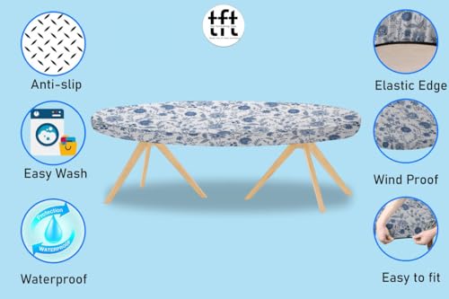 Image of The Furnishing Tree Elastic Cotton Oval Dining Table Cover 30x48 in Inches Floral Blue on White Base