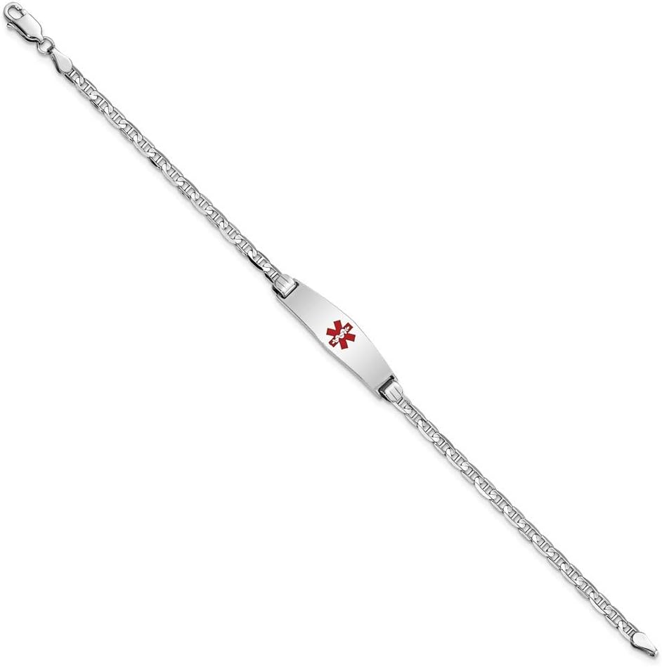 Engravable Personalized Custom 14K White Gold Medical Soft Diamond Shape Red Enamel Anchor Link ID Bracelet For Men or Women Length 7 inches Width 7.5 mm With Lobster Claw Clasp
