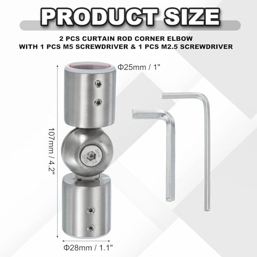PATIKIL Window Corner Curtain Rod Connector, 2 Pcs Adjustable Curtain Rod Corner Connector Hinged Elbow Connector with Screwdriver for 1 Inch Bay Window Curtain Rod, Silver