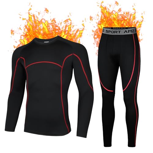 AMZSPORT Ropa Interior Térmica Hombre Conjunto, Camisa y Pantalón de Compresión Funcional de Secado Rápido para Esquí Montaña Ciclismo Fitness, NegroRojo L