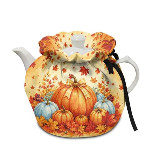 Image of Fall Pumpkin Tea Cosy for Teapot Insulated Kettle Cover Bow Print Breakfast Warmer Kitchen Teapot Dust Covers Washable Tea Cozy Tabletop Decorations for Afternoon Tea