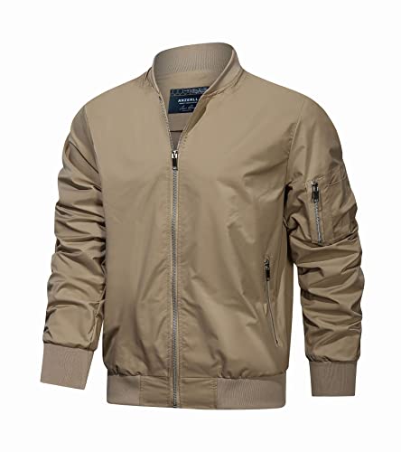 Anzerll Men's Flight Bomber Jacket Casual Lightweight Softshell Windbreaker Slim Fit Varsity Jacket Coat(Khaki L) #TOP6