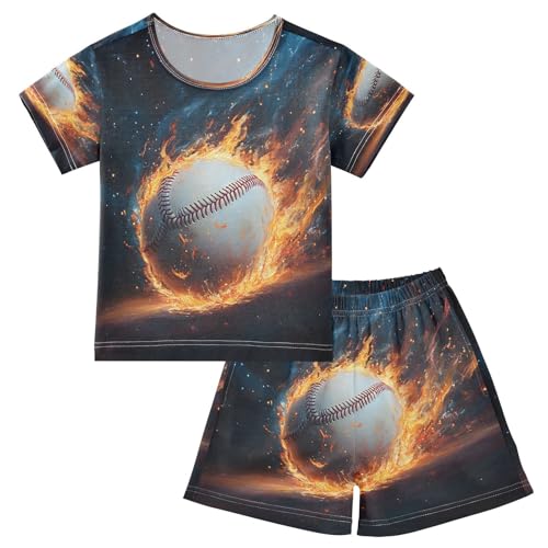 ALAZA Baseball Flame Sky Blue Pajamas Set Short Sleeve Cotton Sleepwear Summer Pjs 2 Piece 5-14Y