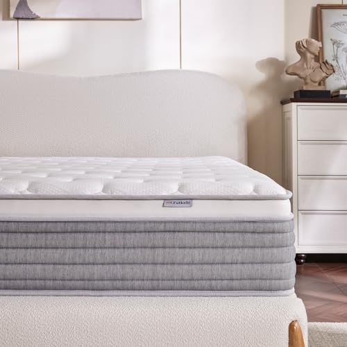 Image of 14 Inch Queen Mattress, Comfort Foam & Pocket Coil Hybrid Mattress in a Box, Medium Firm Cooling Breathable Knit Cover, Motion Isolation & Edge Support, Gray & White
