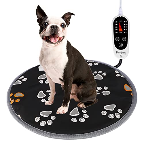 furrybaby Pet Heating Pad, Waterproof Dog Heating Pad Mat for Cat with Durable Anti-Bite Tube Indoor for Puppies Dogs Cats (1 Pack Black, Round 12in, Temp Adjustable)