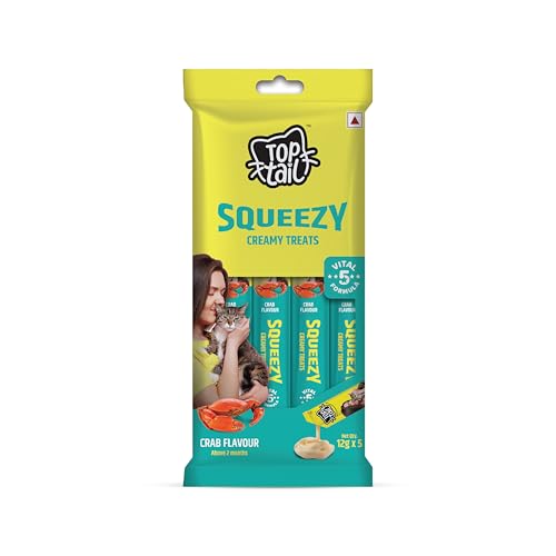 Image of Squeezy Creamy Treats for Cat | Crab Flavour | 120 Grams, Combo Pack of 2 x 60g (12g x 10 Sachets) | Lickable Treats for Cats, Rich in Omega-3 & 6 Fatty Acids