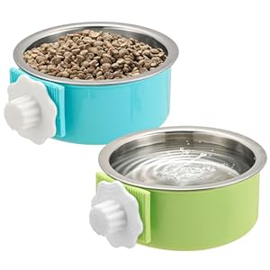 2 Pieces Crate Dog Bowl, Removable Stainless Steel Pet Kennel Hanging Food Water Feeder Bowl Cage Coop Cup for Puppy Medium Dog Cat Rabbit Ferret Bird (Blue,Green)
