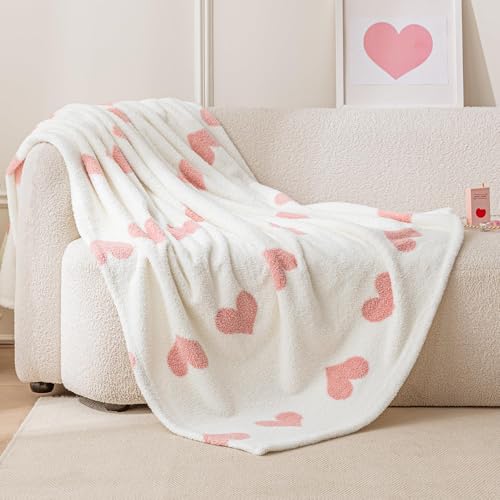Amazon Basics Fleece Throw Blanket, Reversible Decorative Hearted Pattern for The Bed, Couch and Sofa, 50' W × 60' L, Pink Heart