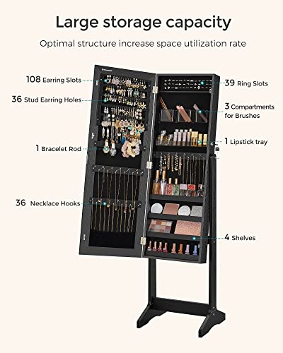 Image of SONGMICS Jewelry Cabinet Armoire, Freestanding Lockable Storage Organizer Unit with 2 Plastic Cosmetic Storage, Full-Length Frameless Mirror, for Necklace Earring, Black UJJC002B01