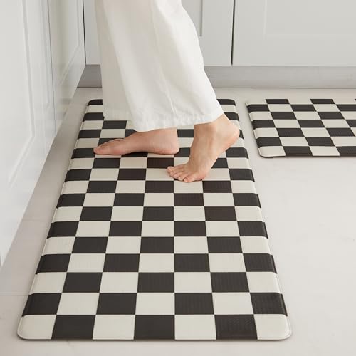 Ohocut Checkered Kitchen Mats for Floor Set of 2, 2 Pcs Black White Cushioned Non Slip Runner Rugs for Kitchen/Sink/Laundry, Comfort Aesthetic Cute Anti-Fatigue Foam Floor Mat 17.3'x29.5'+17.3'x47.2'