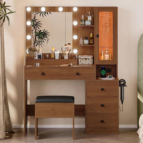 Image of Vanity Desk with Mirror and Lights, Walnut Makeup Vanity with 5 Drawers Hidden Jewelry Organizer& LED Glass Cabinet,3 Light Mode and Brightness Adjusted,Vanities Mirror with Lights Desk and Chair