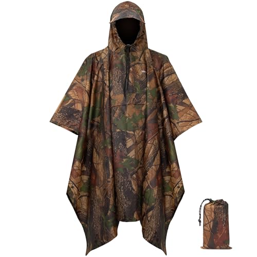 TechRise Rain Ponchos for Adults with Pocket Waterproof Rain Poncho for Men Women Reusable Lightweight Hooded Ponchos 3-in-1 Multifunctional Unisex Raincoat for Hiking Camping Emergency Camo Green