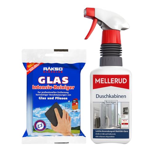 MELLERUD & RAKSO | Dusch- & Glasreinigungsset | Für streifenfreien Glanz auf Glas, Fliesen & Duschkabinen | Reinigungsspray & Glas-Intensivreiniger im Set