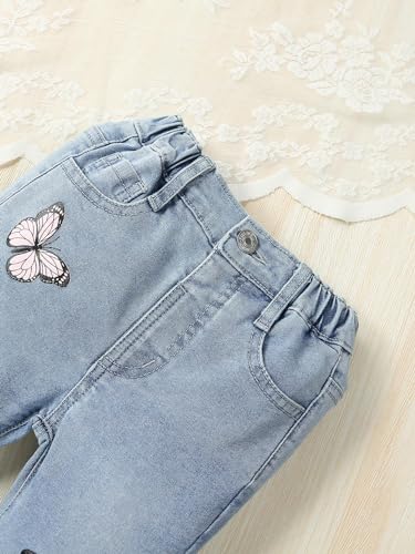 Floerns Girl's Butterfly Print High Waist Ripped Raw Hem Flare Leg Denim Jeans3