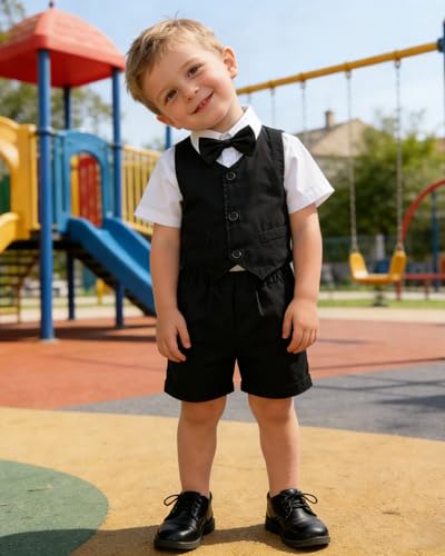 Image of SANGTREE Baby Boy Suit Wedding Ring Bearer Outfits Vest Short Sleeve Bowtie Shirt Suspender Summer Gentleman Shorts Sets